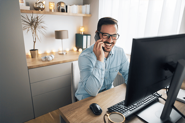 man participating in a virtual, remote deposition