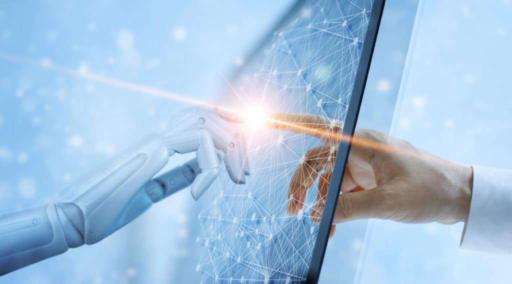 human hand meeting robotic hand representing machine legal document translations