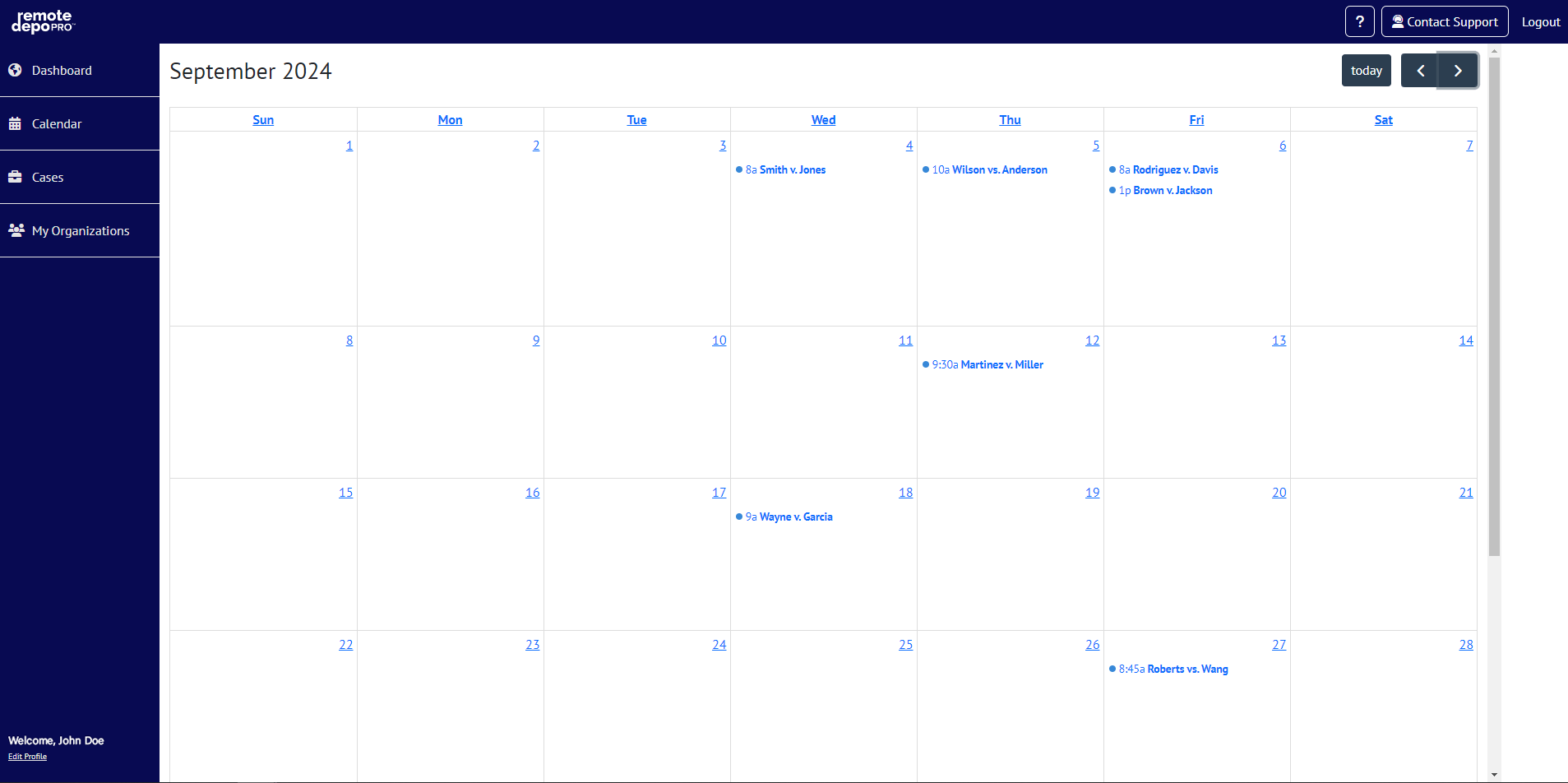Calendar View: Monthly view of upcoming and past proceedings
