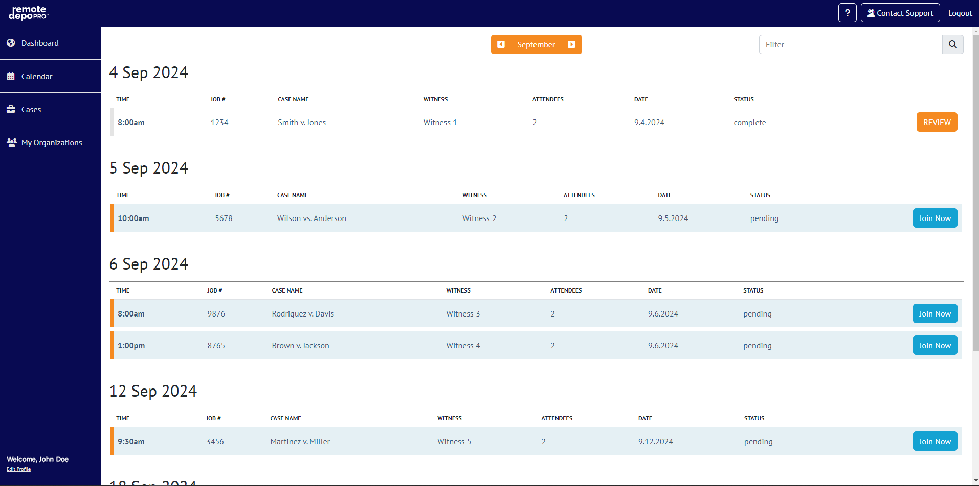 Dashboard View: Centralized view of upcoming and past proceedings