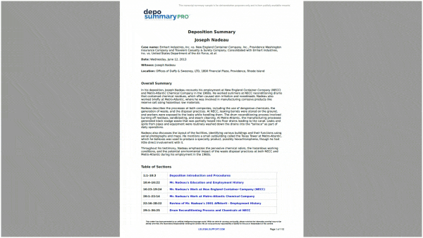 Example of a deposition summary generated by U.S. Legal Support’s DepoSummary Pro™