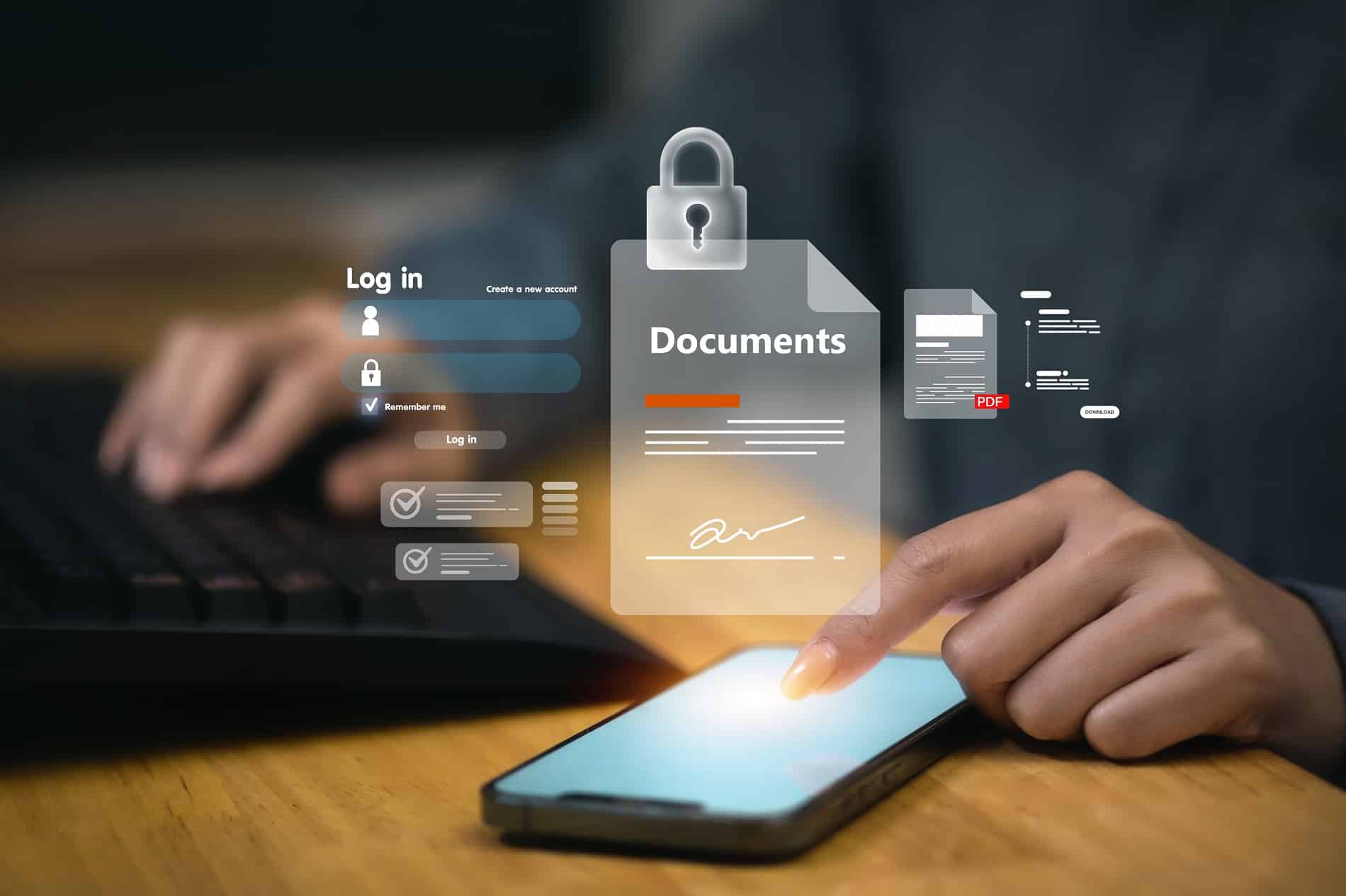 A person using a smartphone and laptop surrounded by glowing digital icons of locked documents, a login screen, and secure digital signatures