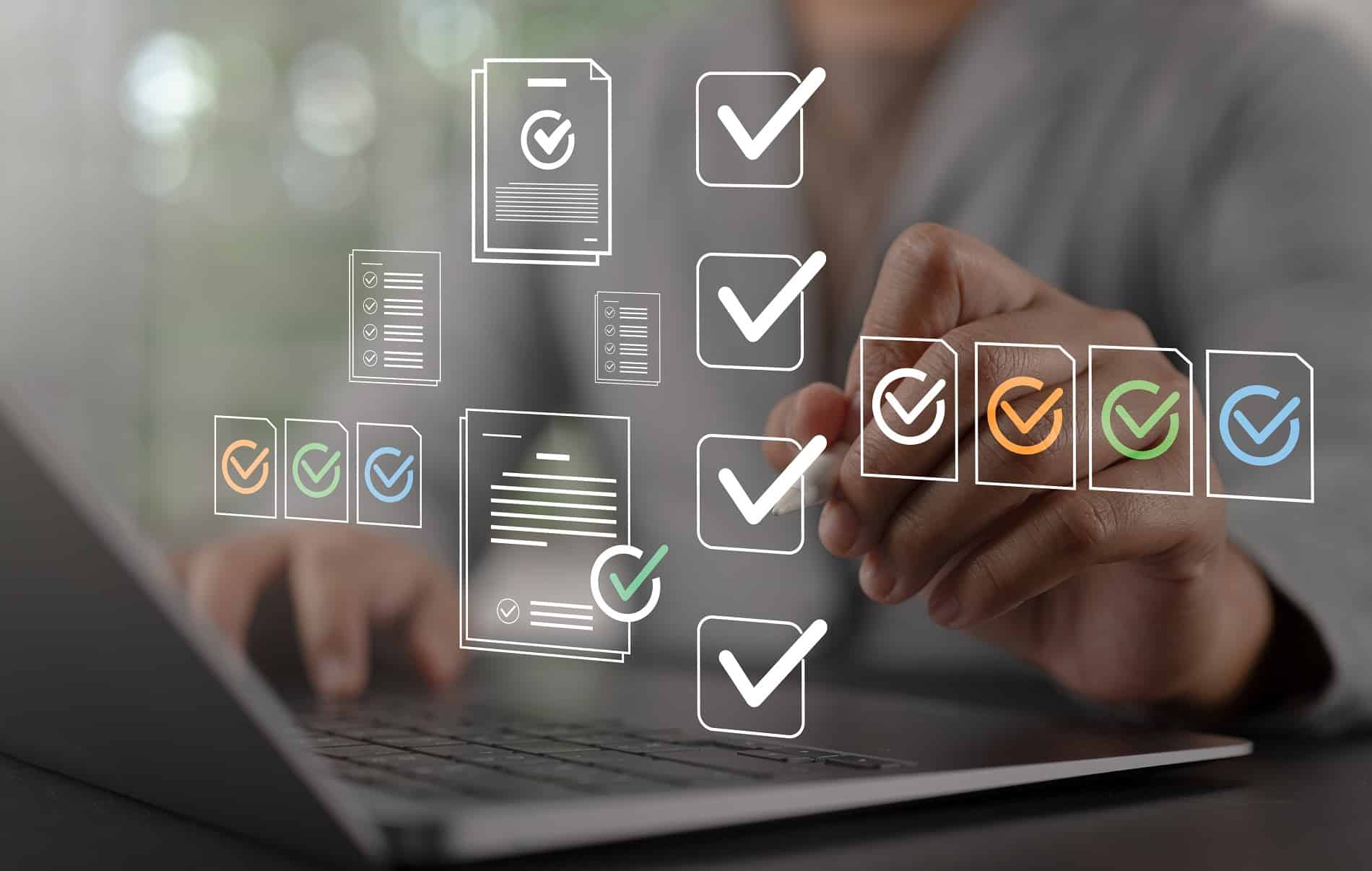 A person using a stylus on a laptop screen overlaid with digital icons of document checklists and checkmarks